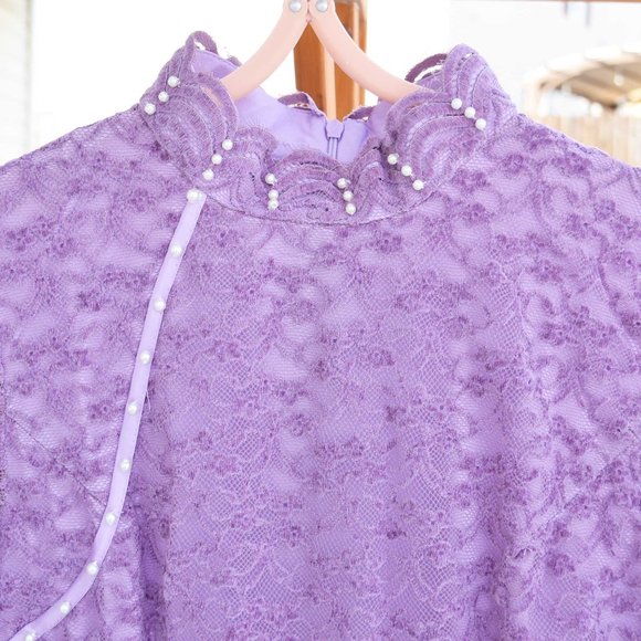 【SOLD】Purple Lace Qipao Midi A-Line Dress - Chinese Traditional Cheongsam - Picture 4 of 6